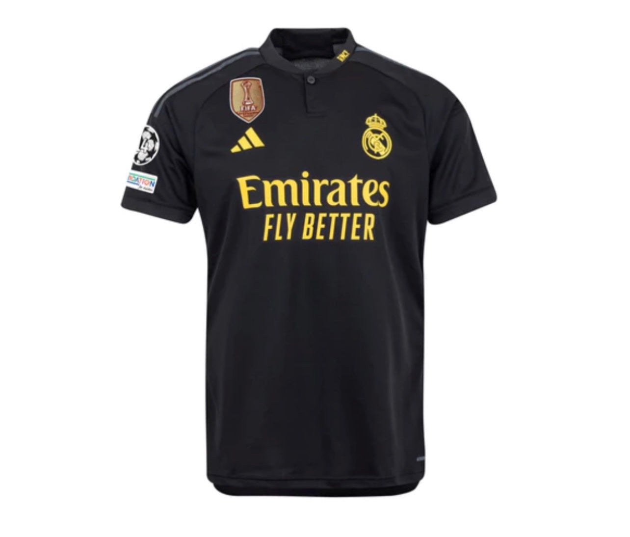 Camisola Real Madrid III com Patch Champions League + CWC 23/24 - Preto e Amarelo